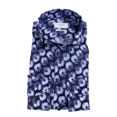 Leinen-Hemd in Slim Fit/ im Blau-Weißen Flower-Print von...