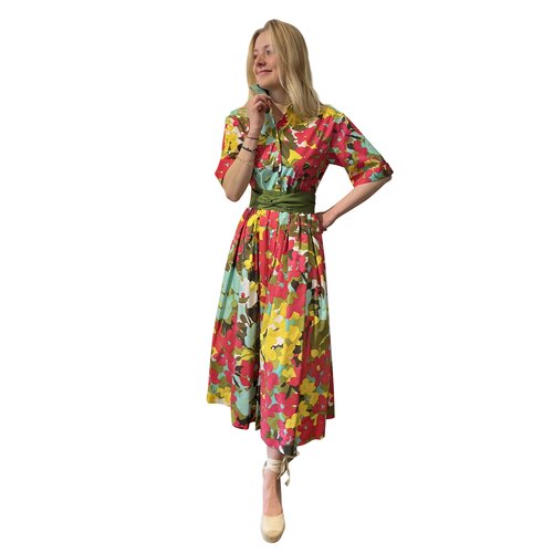 Hemd-Kleid Nida in Pistazie/hellblau/Koralle in Midi-Lnge 48 (42-44)