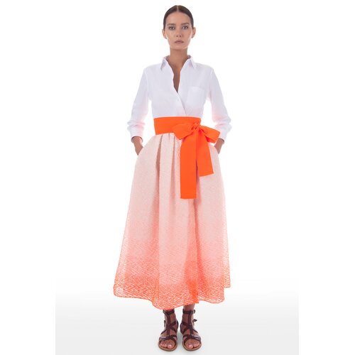 Kleid Elenat in Wei/ Orange mit passendem Bindegrtel in Maxi-Lnge