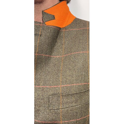 Jackett Moritz ausTweed in Oliv-Braun mit Overcheck in Orange
