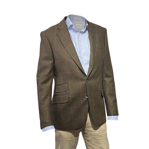Jackett Moritz ausTweed in Oliv-Braun mit Overcheck in Orange 46