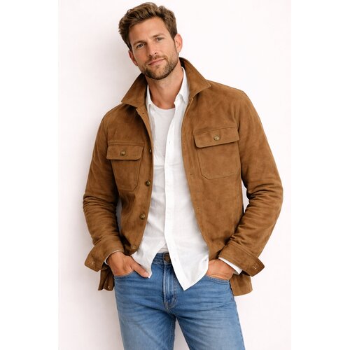 Overshirt aus Velours-Leder in Hell-Braun XXL
