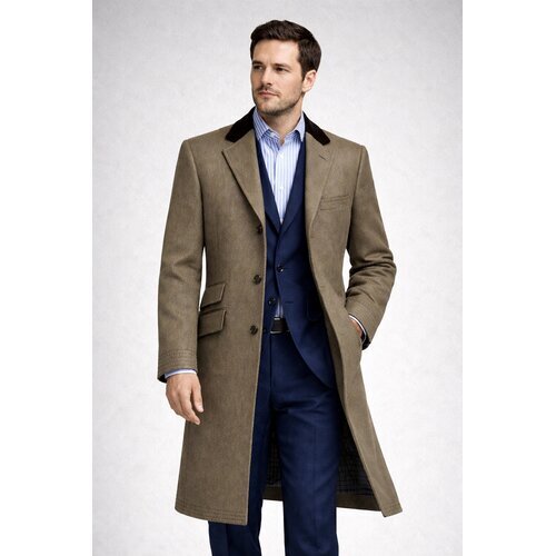 Covert Coat Carlos in Khaki mit Braunem Samtkragen 46